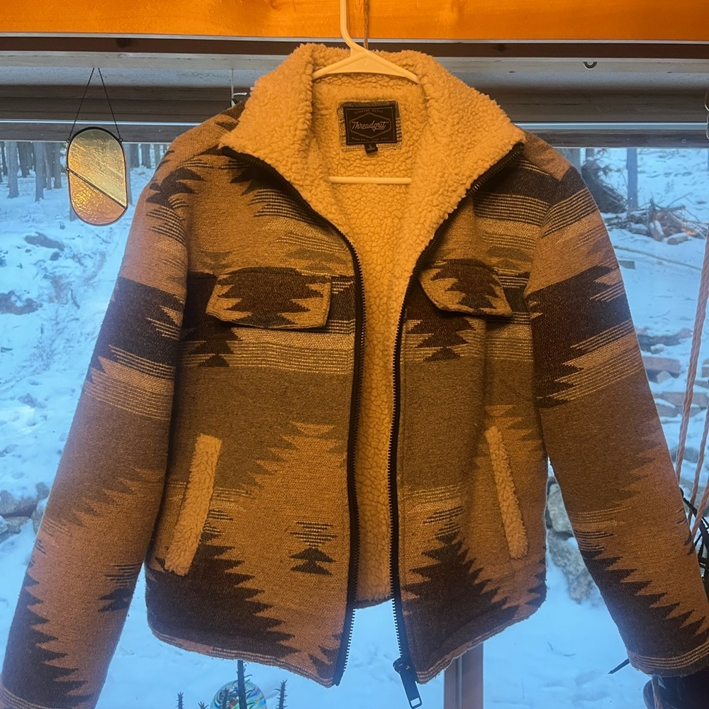 Threadgrit Sherpa Lined Southwestern Aztec Zip Jacket Small - Picture 6 of 8